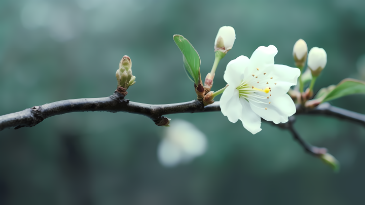 唯美苹果花枝上翠叶 摄影版权图片下载