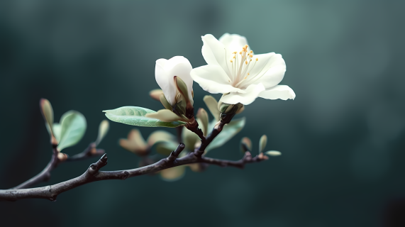 深白浅贝风格的八仙花枝上细叶摄影图