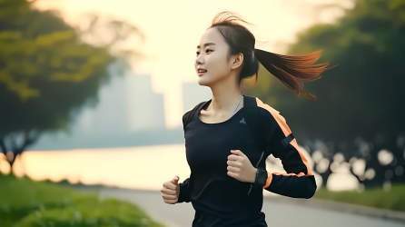 清晨公园里的亚洲女孩跑步摄影图
