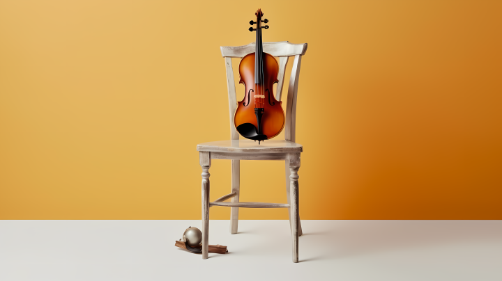 黄色背景下木椅上的小提琴摄影图版权图片下载