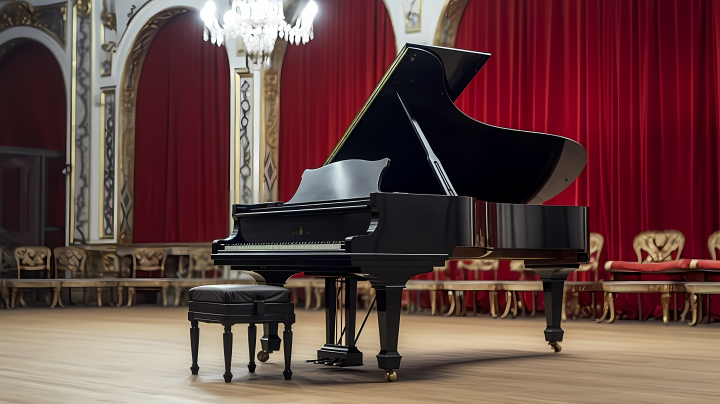 音乐厅内的黑色钢琴摄影图版权图片下载