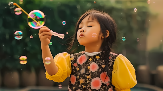 亚洲儿童吹泡泡摄影图