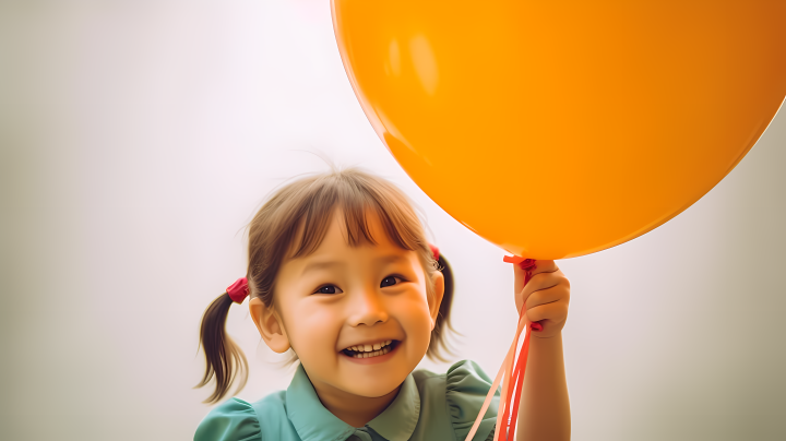 儿童节手拿橙色大气球的小女生摄影图版权图片下载
