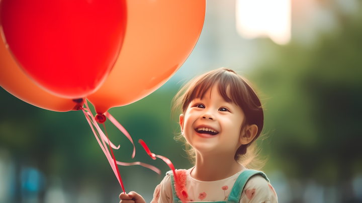 开心的小女孩手拿气球摄影图版权图片下载