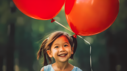 亚洲儿童手持气球快乐微笑摄影图片