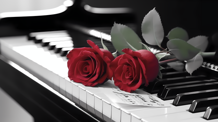 黑白钢琴上摆放两支红玫瑰摄影图版权图片下载