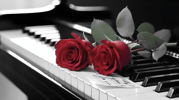 黑白钢琴上摆放两支红玫瑰摄影图