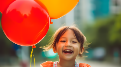 快乐童年的孩子手持气球摄影图片