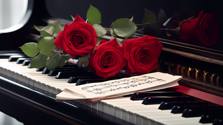 唯美的玫瑰花与典雅钢琴高清图版权图片下载