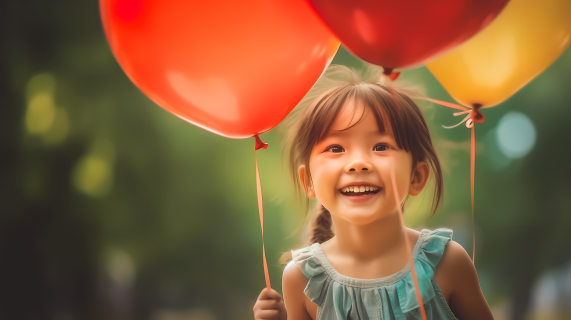 幸福笑容的亚洲儿童手持气球摄影图片
