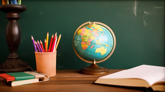 书笔筒和地球仪的桌面摄影图片