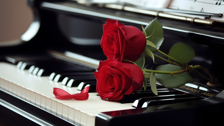 爱情音乐钢琴上的玫瑰花高清图版权图片下载