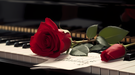 浪漫的钢琴与两枝玫瑰摄影图