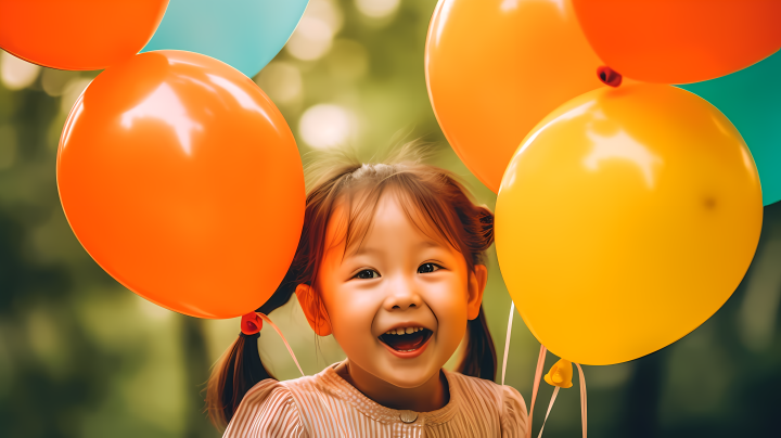 快乐童年玩气球的小女孩摄影图版权图片下载