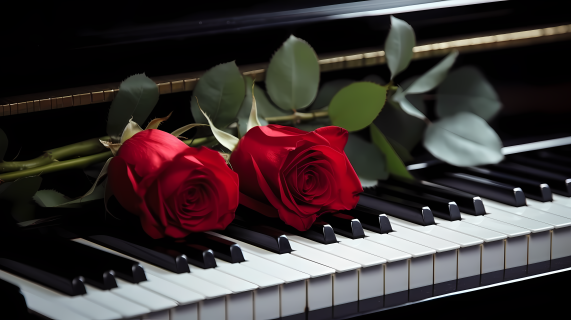 钢琴上的两朵玫瑰摄影图