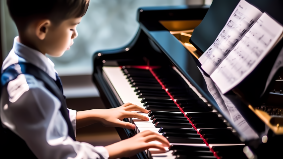 儿童古典钢琴演奏家的生动肖像摄影图