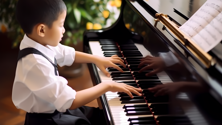 少儿童年古典钢琴演奏摄影图版权图片下载