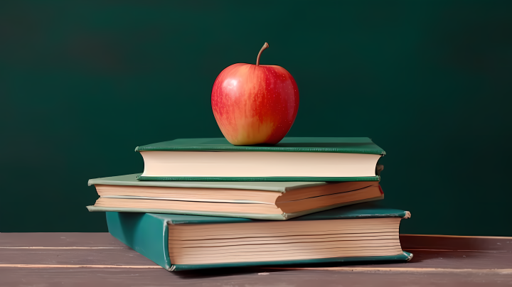 五彩缤纷的书和红苹果在绿黑板前摄影版权图片下载