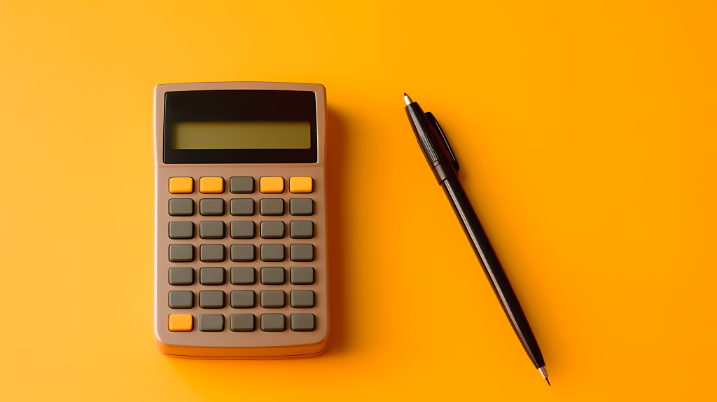 黄色背景下电子计算器和笔的摄影版权图片下载