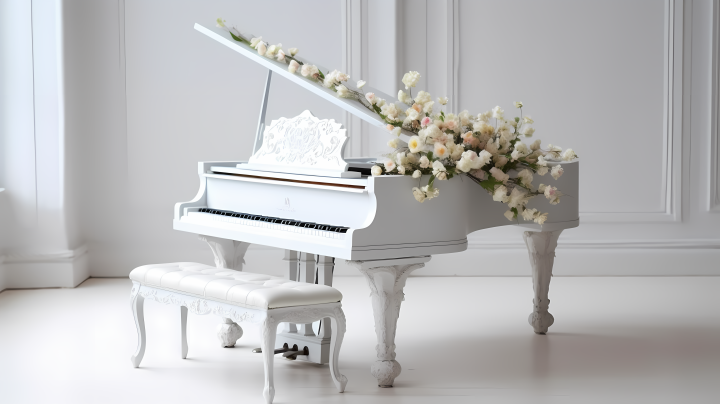 白色花艺钢琴与白色蒲团组合摄影图版权图片下载