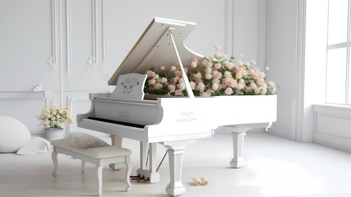 花艺白色钢琴与蓝调长椅摄影图版权图片下载