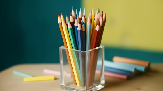 学习桌上削好的彩色铅笔摄影图
