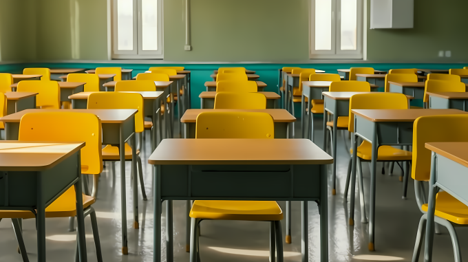 教室黄色桌椅摄影图