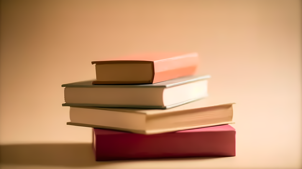 简洁背景下彩色书堆摄影图片