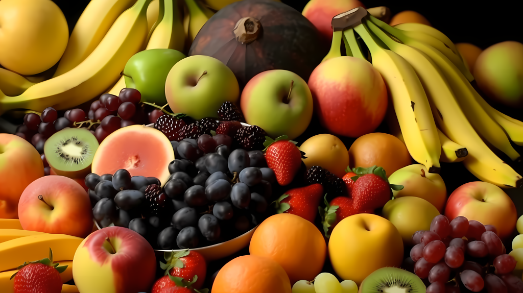 香蕉苹果橙子果盘摄影图