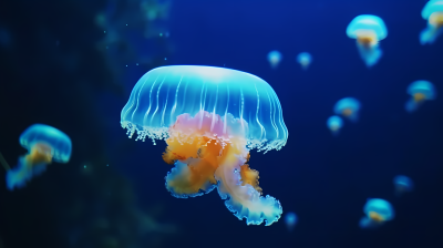 蓝色海洋中的美丽发光水母摄影图