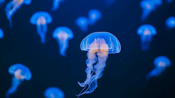 蓝色海洋中发光的小水母摄影图