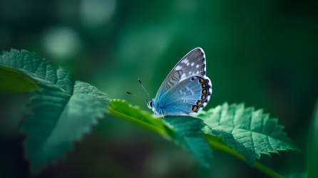 蓝色蝴蝶栖息在绿叶上摄影图