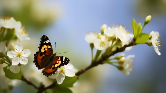 白色梨花上的蝴蝶摄影图