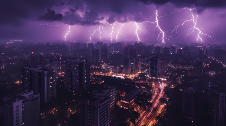 紫色闪电袭击下的夜晚城市摄影图版权图片下载