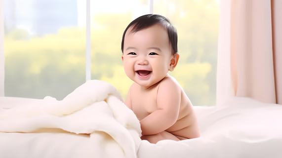 坐在床上的婴儿大笑摄影图