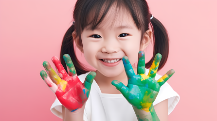 亚洲可爱小女孩手上沾满颜料的微笑摄影图