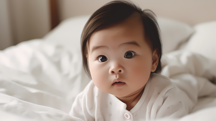 白床上的亚洲婴儿摄影图版权图片下载
