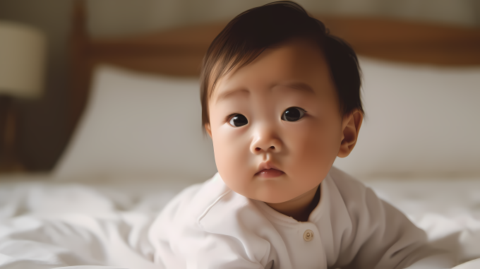 家庭生活纪实白床上的亚洲婴儿摄影图