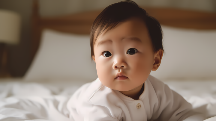 家庭生活纪实白床上的亚洲婴儿摄影图版权图片下载