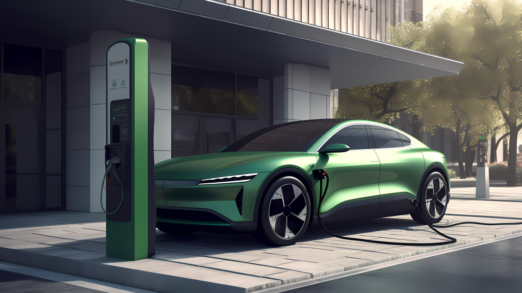 绿色新能源充电汽车和充电站摄影图片