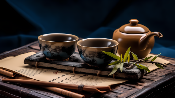 静谧竹林下茶杯书册摄影图片