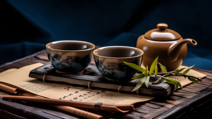 静谧竹林下茶杯书册摄影版权图片下载