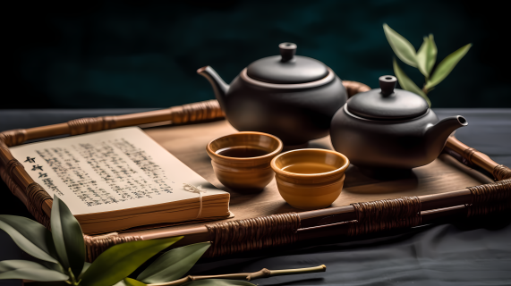 传统手工艺竹叶茶杯书桌摄影图