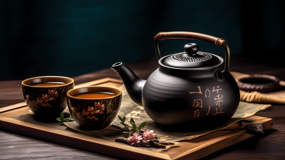 竹叶茶与书的静谧之美摄影图片