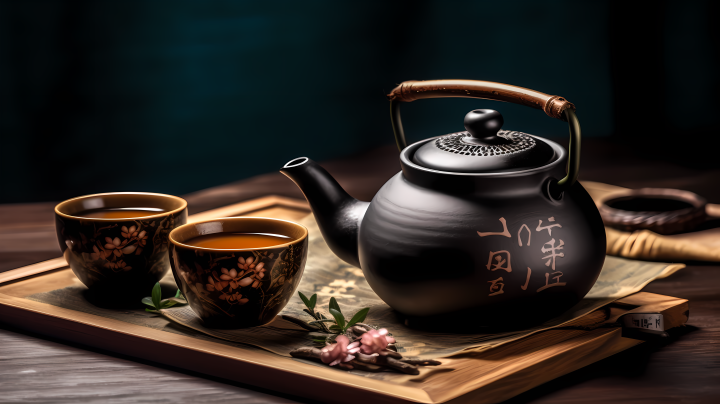 竹叶茶与书的静谧之美摄影版权图片下载