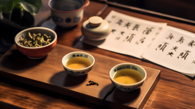 木桌上的两碗茶和纸中国图像风格摄影图片