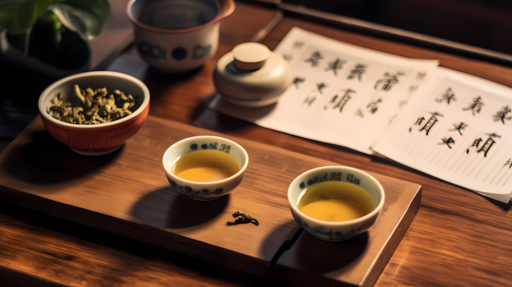 木桌上的两碗茶和纸中国图像风格摄影版权图片下载