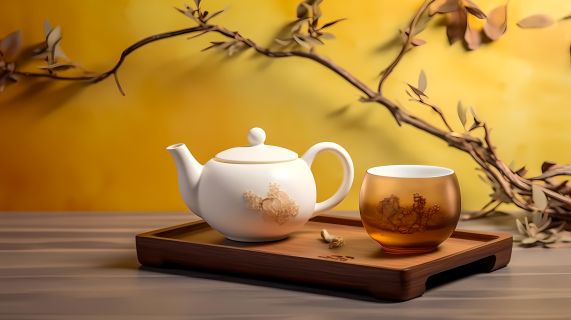木盘上茶叶的贡壁茶壶摄影图