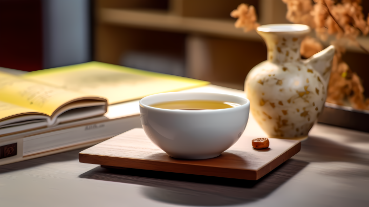 木质杯托与书本的白茶杯摄影版权图片下载