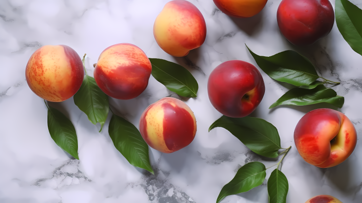 红白相间的桃子和叶子在大理石表面上的摄影版权图片下载